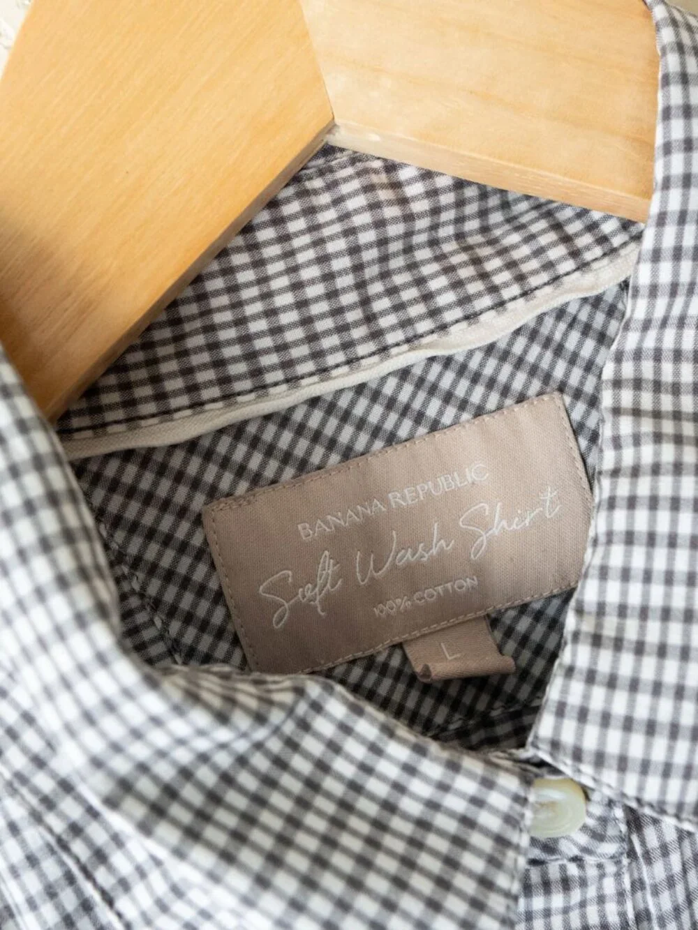 Banana Republic Soft Wash Gingham Shirt Mens L Granite Blue Cotton Button Down